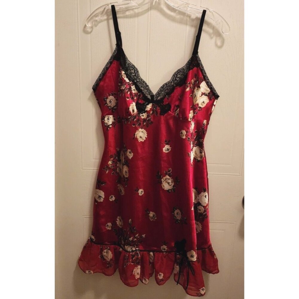 Delicates Women's Sleeveless V Neck Satin Nightgown Ruffle Hem Red Floral Size M